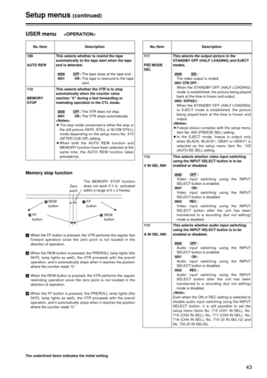 Page 4343
Setup menus(continued)
The underlined items indicates the initial setting.
USER menu
No./ItemDescription
111
FRZ MODE
SELThis selects the output picture in the
STANDBY OFF (HALF LOADING) and EJECT
modes.
0000DIS:
The video output is muted.
0001 STB OFF:
When the STANDBY OFF (HALF LOADING)
mode is established, the picture being played
back at the time is frozen and output.
0002 SOF&EJ:
When the STANDBY OFF (HALF LOADING)
or EJECT mode is established, the picture
being played back at the time is frozen...