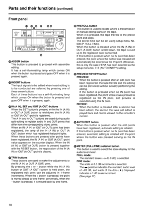 Page 1010
Front panel
HASSEM button
This button is pressed to proceed with assemble
editing.
It has a self-illuminating lamp which comes ON
when the button is pressed and goes OFF when it is
pressed again.
I INSERT buttons
The input signals to be edited when insert editing is
to be conducted are selected by pressing one of
these seven buttons.
Each of these buttons has a self-illuminating lamp
which comes ON when the button is pressed and
goes OFF when it is pressed again.
J
IN (A IN), SET and OUT (A OUT)...