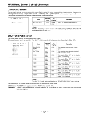 Page 124–124–
MAIN Menu Screen 2 of 4 (SUB menus)
CAMERA ID screen
The camera ID settings are performed on this screen. Each time the UP button is pressed, the character display changes in the
following order: space ()english letters (A to Z)numbers (0 to 9)symbols (space, >, 