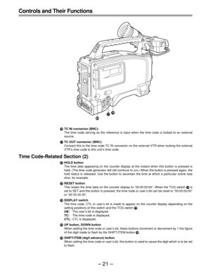 Page 21–21–
HTC IN connector (BNC):
The time code serving as the reference is input when the time code is locked to an external
source.
ITC OUT connector (BNC):
Connect this to the time code TC IN connector on the external VTR when locking the external
VTR’s time code to this unit’s time code.
Time Code-Related Section (2)
JHOLD button
The time data appearing on the counter display at the instant when this button is pressed is
held. (The time code generator will still continue to run.) When the button is...