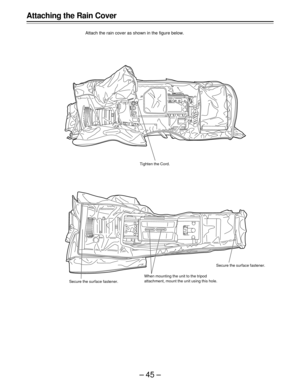 Page 45–45–
Attaching the Rain Cover
Attach the rain cover as shown in the figure below.
Secure the surface fastener.Tighten the Cord.
When mounting the unit to the tripod
attachment, mount the unit using this hole.Secure the surface fastener. 