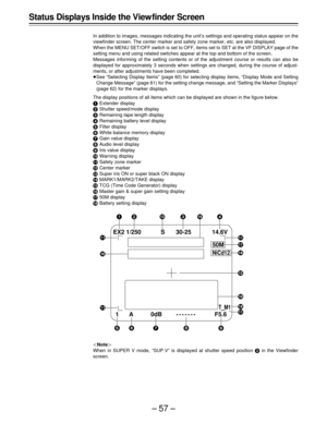 Page 57–57–
EX2
1 A 0dB F5.6
T_M1
------- 1/250 30-25 14.6V
12q3s4
o
o
o
u
o
n
r
p
56789
S
t
50M
vNiCd12
Status Displays Inside the View finder Screen
In addition to images, messages indicating the unit’s settings and operating status appear on the
viewfinder screen. The center marker and safety zone marker, etc. are also displayed.
When the MENU SET/OFF switch is set to OFF, items set to SET at the VF DISPLAY page of the
setting menu and using related switches appear at the top and bottom of the screen....