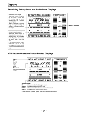 Page 64–64–
WIDE
CH1 CH2
20
0
EMPHASIS
dB
10
30
40
E TAPE F
E BATT F
RFSERVOHUMID SLACK DF
SLAVE TCG HOLD
h min s frm
CH1 CH2
20
0
EMPHASIS
dB
10
30
40
E TAPE F
E BATT F
RFSERVOHUMID SLACK DF
SLAVE TCG HOLD WIDE
h min s frm
Displays
Remaining Battery Level and Audio Level Displays
	

	


VTR Section Operation/Status-Related Displays
Warning display
RF:Lights when video head clogging occurs.
SERVO:Lights when the servo is out of order.
HUMID:Lights when condensation occurs on the head drum....