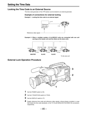 Page 85–85–
Setting the Time Data
Locking the Time Code to an External Source
The time code generator of the VTR section can be locked to an external generator.
Example of connections for external locking
Example 1: Locking the time code to an external signal
Example 2: When a multiple number of AJ-SDC915 units are connected with one unit
serving as the master unit and the others as the slave units Reference video signal
To the next unit
External Lock Operation Procedure
1Set the POWER switch to ON.
2Set the...