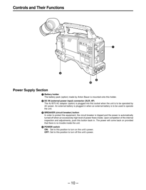 Page 10–10–
Controls and Their Functions
Power Supply Section
Battery holder
The battery pack (option) made by Anton Bauer is mounted onto this holder.
DC IN (external power input) connector (XLR, 4P)
The AJ-B75 AC adaptor (option) is plugged into this socket when the unit is to be operated by
AC power. An external battery is plugged in when an external battery is to be used to operate
the unit.
BREAKER (circuit breaker) button
In order to protect the equipment, the circuit breaker is tripped and the power...