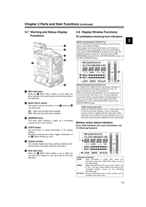 Page 19
19
2
Chapter 2 Parts and their Functions (continued)
2-7 Warning and Status Display Functions
Back tally lamp
When the   BACK TALLY switch is set to [ON], the
lamp behaves in the same way as the front tally lamp at
the viewfinder. 
BACK TALLY switch
This switch controls the action of the   back and 
rear tally lamps.
ON: Back and rear tally lamps enabled.
OFF: Back and rear tally lamps disabled.
WARNING lamp
This lamp starts blinking or lights up if something
unusual occurs in the memory.
LIGHT button...