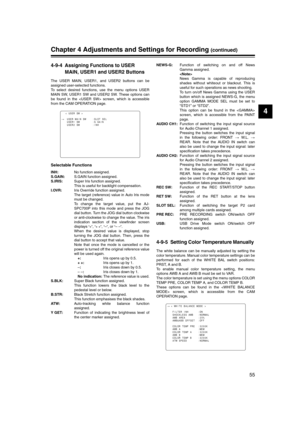 Page 55
55
4
Chapter 4 Adjustments and Settings for Recording (continued)
4-9-4 Assigning Functions to USER  MAIN, USER1 and USER2 Buttons
The USER MAIN, USER1, and USER2 buttons can be
assigned user-selected functions.
To select desired functions, use the menu options USER
MAIN SW, USER1 SW and USER2 SW. These options can
be found in the  screen, which is accessible
from the CAM OPERATION page.
Selectable Functions
INH: No function assigned.
S.GAIN: S.GAIN function assigned.
S.IRIS: Super Iris function...