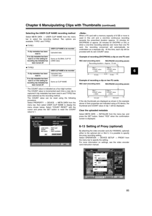 Page 85
85
6
Chapter 6 Manuipulating Clips with Thumbnails (continued)
Selecting the USER CLIP NAME recording method
Select META DATA  USER CLIP NAME from the menu
bar to select the recording method. Two options are
available: TYPE1 and TYPE2.
* The COUNT value is indicated as a four-digit number. The COUNT value is incremented each time a new clip is
captured if clip metadata has been read in and TYPE2 has
been selected as the recording method.
The COUNT value can be reset using the following
procedure....