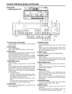 Page 11
11
Control reference guide (continued)

HEADPHONES
PULLPULL
AUDIO MIX1&2CH1/3 CH2/4REC CH1/3
REC CH2/43&4
CH1/3 CH2/4
AUDIO MON SEL
AUDIO VOL SEL LR
MIX
REC
PBUNITYVAR
METER
FULL/FINE INPUT SELECT
VIDEO AUDIO
CH 1CH 2CH 3CH 4
COUNTERMENUTC PRESETSELECT SLOT
RESET
THUMBNAILMARKERBARMENU
SET SEARCH
REC
PLAY
FF
REW STOP
PREVNEXTSHIFT
SHTLPUSHJOG
SLOW
Memory Card Recorder AJ-
ENC
CONTROLREMOTE
LOCALVIDEO
LEVELPRESET
MANUALCHROMA LEVELPRESET
MANUALSET UPPRESETBLKMANUAL
HUEPRESETCHROMA PHMANUAL
TCREGEN
PRESET...