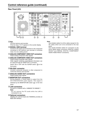 Page 17
17
Control reference guide (continued)
Fan
Cool the memory card recorder.
If the fan stops, “E-10 ” appears on the counter display.
SIGNAL GND terminal
Connect to the signal ground terminal on the component
connected to the memory card recorder to minimize
noise. It is not a safety ground.
ANALOG COMPONENT VIDEO OUT connectors
Output analog component video signals.
ANALOG COMPOSITE VIDEO OUT connectors
Output analog composite video signals.
Video signals containing superimposed information can
be output...