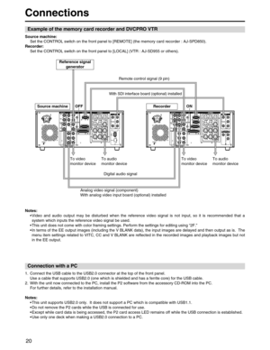 Page 20
20
Connections
Example of the memory card recorder and DVCPRO VTR
Source machine:Set the CONTROL switch on the front panel to [REMOTE] (the memory card \
recorder : AJ-SPD850).
Recorder: Set the CONTROL switch on the front panel to [LOCAL] (VTR : AJ-SD955 or\
 others).
Notes: •Video and audio output may be disturbed when the reference video signal \
is not input, so it is recommended that a
system which inputs the reference video signal be used.
• This unit does not come with color framing settings....