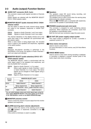 Page 1212
2-3 Audio (output) Function Section
AUDIO OUT connector (XLR, 5-pin)
This connector outputs audio signals recorded on Channels
1/2 or 3/4. 
Output signals are selected with the MONITOR SELECT
CH1/2 / CH3/4 selector switch.
MONITOR SELECT (audio channel) CH1/2 / CH3/4 
selector switch
Use this switch to select the audio channel whose signals
are output to the speakers, earphones or AUDIO OUT
connector.
CH1/2: Signals on Audio Channels 1 and 2 are output. 
CH3/4: Signals on Audio Channels 3 and 4 are...