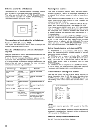 Page 3030 Detection area for the white balance
The detection area for the white balance is selectable between
90%, 50% and 25%, using the menu option AWB AREA. 
This option can be found in the 
screen, which is accessible from the CAM OPERATION page. 
The detection area is factory-set to 25%.
When you have no time to adjust the white balance:
Position the WHITE BAL switch at [PRST].
This adjusts the white balance for the filter according to the
position of the CC/ND FILTER control.
When the white balance has...