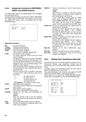 Page 5454
4-9-4 Assigning Functions to USER MAIN, 
USER1 and USER2 Buttons
The USER MAIN, USER1, and USER2 buttons can be assigned
user-selected functions.
To select desired functions, use the menu options USER MAIN
SW, USER1 SW and USER2 SW. These options can be found in
the  screen, which is accessible from the CAM
OPERATION page.
Selectable Functions
INH:No function assigned.
S.GAIN:S.GAIN function assigned.
DS.GAIN:DS.GAIN function assigned.
S.IRIS:Super Iris function assigned. 
This is useful for backlight...