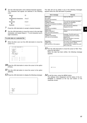 Page 5757
4 6
Turn the JOG dial button until a desired character appears. 
The characters that appear are switched in the following
order:
Space:†
Ð
Alphabetical characters: A to Z
Ð
Numerals: 0 to 9
Ð
Symbols: ', >, 