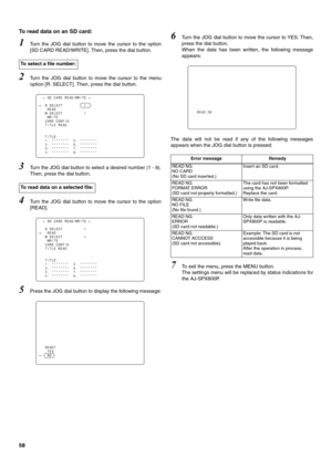 Page 5858 To read data on an SD card:
1Turn the JOG dial button to move the cursor to the option
[SD CARD READ/WRITE]. Then, press the dial button.
2Turn the JOG dial button to move the cursor to the menu
option [R. SELECT]. Then, press the dial button.
3Turn the JOG dial button to select a desired number (1 - 8).
Then, press the dial button.
4Turn the JOG dial button to move the cursor to the option
[READ].
5Press the JOG dial button to display the following message:
6Turn the JOG dial button to move the...