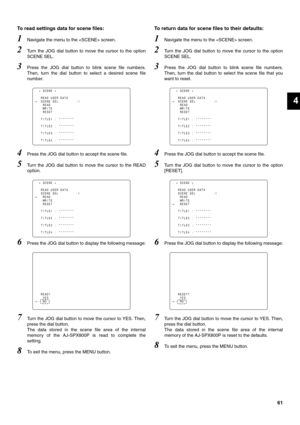 Page 6161
4
To read settings data for scene files:
1Navigate the menu to the  screen. 
2Turn the JOG dial button to move the cursor to the option
SCENE SEL.
3Press the JOG dial button to blink scene file numbers.
Then, turn the dial button to select a desired scene file
number.
4Press the JOG dial button to accept the scene file.
5Turn the JOG dial button to move the cursor to the READ
option.
6Press the JOG dial button to display the following message:
7Turn the JOG dial button to move the cursor to YES....