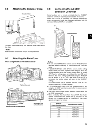 Page 7373
5
5-6 Attaching the Shoulder Strap 
To detach the shoulder strap, first open the hooks, then detach
the strap. 

Make sure that the shoulder strap is securely attached. 
5-7 Attaching the Rain Cover 
When using the SHAN-RC700 Rain Cover 
5-8 Connecting the AJ-EC3P 
Extension Controller 
Some functions can be remote-controlled when the AJ-EC3P
extension control unit (optional) is connected to the camera. 
When the AJ-EC3P is connected, the camera automatically
enters remote control mode after the power...