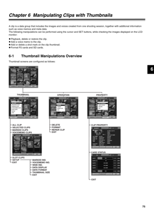 Page 7575
6
Chapter 6  Manipulating Clips with Thumbnails 
A clip is a data group that includes the images and voices created from one shooting session, together with additional information 
such as voice memos and meta data. 
The following manipulations can be performed using the cursor and SET buttons, while checking the images displayed on the LCD 
monitor: 
zPlayback, delete or restore the clip.
zAdd a voice memo to the clip.
zAdd or delete a shot mark on the clip thumbnail.
zFormat P2 cards and SD cards....