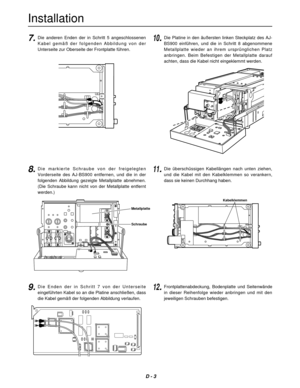 Page 8D - 3
Installation
PUSH
PUSH
PUSH
7.10.Die  anderen  Enden  der  in  Schritt  5  angeschlossenen
Kabel  gemäß  der  folgenden  Abbildung  von  der
Unterseite zur Oberseite der Frontplatte führen.
8.Die  markierte  Schraube  von  der  freigelegten
Vorderseite  des  AJ-BS900  entfernen,  und  die  in  der
folgenden  Abbildung  gezeigte  Metallplatte  abnehmen.
(Die  Schraube  kann  nicht  von  der  Metallplatte  entfernt
werden.)
9.Die  Enden  der  in  Schritt  7  von  der  Unterseite
eingeführten Kabel so...