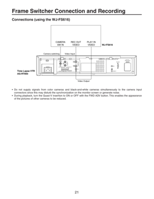 Page 2121
Frame Switcher Connection and Recording
Connections (using the WJ-FS616)
MIC
REMOTE
BATTERY
PUSH OPENCAMERA
IN
OUT
TAPE END OUT
WARNING/
REC OUT
REC IN
COMMON
ALARM RESET IN
ALARM IN
AUDIOIN
OUT VIEDO
GND SW OUT
Time Lapse VTR
AG-RT850
Camera switching
Video Output Video Input
CAMERA
SW INREC OUT
VIDEOPLAY IN
VIDEO
WJ-FS616
AC IN
RS-232C
•Do not supply signals from color cameras and black-and-white cameras simultaneously to the camera input
connectors since this may disturb the synchronization on the...