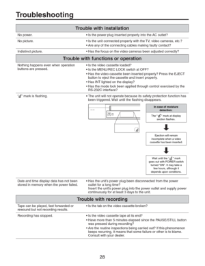 Page 2828
Troubleshooting
Trouble with installation
No power. • Is the power plug inserted properly into the AC outlet?
No picture. • Is the unit connected properly with the TV, video cameras, etc.?
•Are any of the connecting cables making faulty contact?
Indistinct picture. • Has the focus on the video cameras been adjusted correctly?
Trouble with functions or operation
Nothing happens even when operation • Is the video cassette loaded?
buttons are pressed.
•Is the MENU/REC LOCK switch at OFF?
•Has the video...