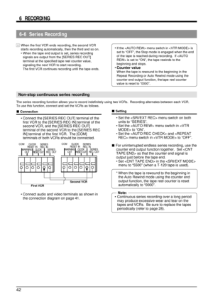 Page 4242
•If the  menu switch in  is
set to “OFF”, the Stop mode is engaged when the end
of the tape is reached during recording.  If  is set to “ON”, the tape rewinds to the
beginning and stops.
•Counter value
When the tape is rewound to the beginning in the
Repeat Recording or Auto Rewind mode using the
counter end output function, the tape reel counter
value is reset to “0000”.
6-6  Series Recording
5When the first VCR ends recording, the second VCR
starts recording automatically, then the third and so on....