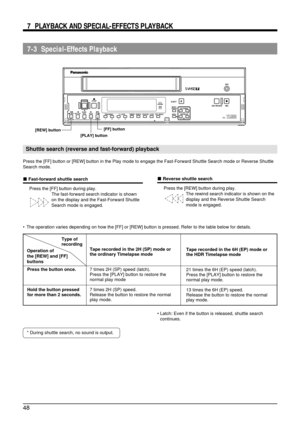 Page 4848
REC 
EJECTREC REVIEW REC 
PAUSE/
STILLMENU TIME MODE
SET ON SCREENSHIFT/REWPLAY FF/REV PLAYTRACKINGV.  LOCKTIMERSEARCH COUNTERLOCK CNT  RESET
RESET/CANCEL
STOP
 REV ADV FWD ADV AG-
HDR POWER
POWER
Type of
recording
Press the button once.
Hold the button pressed
for more than 2 seconds.
5 Reverse shuttle search
Press the [REW] button during play.
The rewind search indicator is shown on the
display and the Reverse Shuttle Search
mode is engaged.
7-3  Special-Effects Playback
[PLAY] button
Shuttle search...
