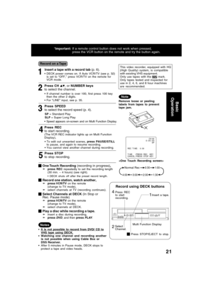 Page 2121
Insert a tape with a record tab (p. 6).
1DECK power comes on. If Auto VCR/TV (see p. 32)
is set to “OFF,” press VCR/TV on the remote for
VCR mode.
54 2
3
Press CH , or NUMBER keys
to select the channel.
If channel number is over 100, first press 100 key
then the other 2 digits.
For “LINE” input, see p. 35.
Press SPEED
to select the record speed (p. 4).
SP = Standard Play
SLP = Super Long Play
Press REC
to start recording.
(The VCR REC indicator lights up on Multi Function
Display),
To edit out...