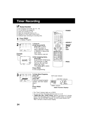 Page 2424
Timer Recording
Press PROG*
to display Program.
Press PROG
to end programming.
3 1
3) Set remaining items,
press SET
to set START/ STOP times,
CH (channel) or LINE
input (p. 35), and tape
speed (SP, SLP).
Then press 
 to select.
To Enter More Programs,
press 
to select and
press SET
to set an unused program
number, and then repeat
step 2.
Or
Press PROG
to exit.
Ready Checklist
All connections are made. (pp. 12 ~ 15)TV and DECK are plugged in.Clock set correctly. (p. 18)Tape has record tab intact. (p....