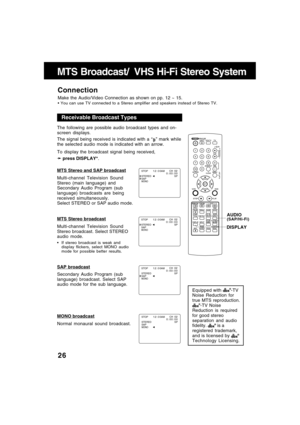 Page 2626
MONO broadcast
Normal monaural sound broadcast.
SAP broadcast
Secondary Audio Program (sub
language) broadcast. Select SAP
audio mode for the sub language.
MTS Stereo broadcast
Multi-channel Television Sound
Stereo broadcast. Select STEREO
audio mode.
If stereo broadcast is weak and
display flickers, select MONO audio
mode for possible better results.
MTS Stereo and SAP broadcast
Multi-channel Television Sound
Stereo (main language) and
Secondary Audio Program (sub
language) broadcasts are being...