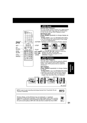 Page 5151
You can enlarge specific portions of a JPEG picture
and select the zoom ratio using the ZOOM button
on the remote during JPEG Playback screen.
Set Zoom size.Press ZOOM repeatedly to change display as
follows.
➡
Press STOP to return the MP3/WMA/JPEG MENU.
You can enlarge the center portion of the image
to one of 2 magnifications.
Operation can be done during Rotation (below).
X 1.0 (ORIGINAL)
1st press2nd press 
3rd press
X 1.5 (ZOOM 1) X 2.0 (ZOOM 2)
Use the , ,  and   buttons to move the
position...