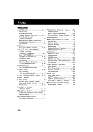 Page 6060
Index
DECK & VCR
AACTION button ................................. 8, 18
Accessories............................................ 4
ADD/DELETE button
  (Add or Delete a Channel)............ 8, 19
Audio Broadcast types
  (Stereo/SAP/Mono)............................ 2 6
Audio Mode (Playback, Recording) .... 2 7
Auto Operation Functions .................... 3 1
Auto Shut-Off ........................................ 3 3
BBatteries ................................................. 4
Blue Light (ON/OFF...