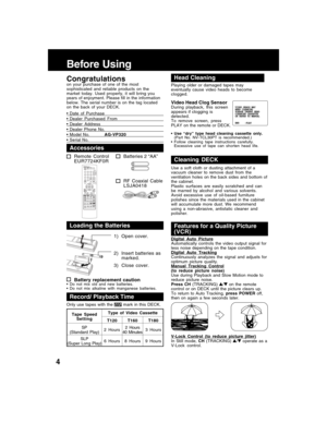 Page 44
Before Using
Congratulationson your purchase of one of the most
sophisticated and reliable products on the
market today. Used properly, it will bring you
years of enjoyment. Please fill in the information
below. The serial number is on the tag located
on the back of your DECK.
• Date of Purchase• Dealer Purchased From• Dealer Address• Dealer Phone No.• Model No.AG-VP320• Serial No.
Only use tapes with the 
 mark in this DECK.
Record/ Playback Time
Accessories
Remote Control
EUR7724KF0RVideo Head Clog...