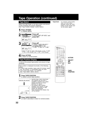 Page 3232
Tape Operation (continued)
To find out the present tape position and amount of tape
remaining.
1
• “DETECTING TAPE POSITION”
only appears the first time a
cassette is inserted and it takes
several seconds for correct
indication to appear.
• The present tape position
indication and amount of tape
remaining (according to tape
speed) are displayed.
Tape remaining time display may
not be precise.
Tape Position Display
Press TAPE POSITION
to detect current tape position.
Tape position is displayed...