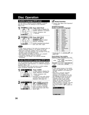 Page 3636
Disc Operation
Please read “Basic DVD Operation”
on page 22.
[Subtitle language]
[Audio sound track language]
• Change the No. by pressing, and
pressSET.
[Audio attribute 1 type, sampling
frequency, bit No. of the disc (see p. 53.)]
• If, after several presses of the AUDIO
button the language does not change,
language selection is not offered on
the disc.
• When disc is removed, language
reverts to initial setting. If this
language is not recorded on the disc,
the language recorded will be heard.
•...