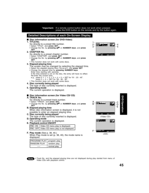 Page 4545
DVD Operation
Detailed Descriptions of each On-Screen Display
■ ■■ ■
■Disc information screen (for DVD-Video)
1. TITLE No.
Go directly to a preset title number.
• Select “TITLE”, and pressSET.
• Change the No. by pressingorNUMBER keys, and pressSET.2. CHAPTER No.
Go directly to a preset chapter number.
• Select “CHAPTER”, and pressSET.
• Change the No. by pressingorNUMBER keys, and pressSET.
• This function does not work with some discs.
3. Elapsed playing time
The screen may be changed by selecting...