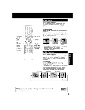 Page 5151
DVD Operation
You can enlarge specific portions of a JPEG
picture and select the zoom ratio using the
ZOOM button on the remote during JPEG
Playback screen.
Set Zoom size.PressZOOMrepeatedly to change display
as follows.
➡PressSTOP to return the MP3/JPEG MENU.
• You can enlarge the center portion of the image
to one of 2 magnifications.
• Operation can be done during Rotation (below).
× 1.0 (ORIGINAL)
1st press2nd press 
3rd press
× 1.5 (ZOOM 1)× 2.0 (ZOOM 2)
■Use the ,, and   buttons to move the...