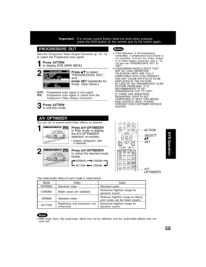 Page 5555
DVD Operation
PROGRESSIVE OUT
1
Pressto select
“PROGRESSIVE  OUT,”
and
press
SETrepeatedly for
mode. (See below.)
2
OFF:Progressive scan signal is not output.
ON:Progressive scan signal is output from the
Component Video Output Connector. Sets the Component Video Output Connector (p. 10, 13)
to output the Progressive scan signal.
3PressACTIONto exit this mode. Press
ACTIONto display DVD MAIN MENU.
• If the television is not progressive
compatible, a progressive scan picture is
not available. Connect...