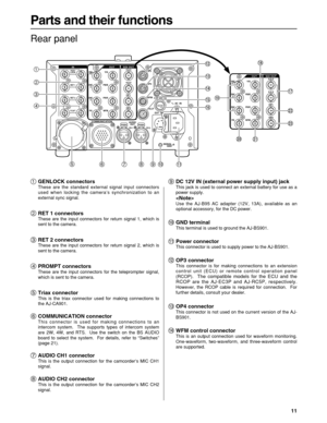 Page 1111
Parts and their functions
EXT  DC IN
GEN–
LOCKENC1
ENC2
ENC3
PIX
Y/G
4:2:2 4:2:2
SDI OUT OUT IN
OP4
OP3
WFM
TALLYFUSE 400V 15A
SIGNAL
GND AC  IN
AUDIO
OUT
CH 1PUSHCH 2PUSHCOMMUNICATION
PB/B
PR/R
WFMRET 1
RET 2
PROMPT
1
2
3
4
5
7 689:
;=
> <
?
@A B
C
D
E
ENC1
ENC2
ENC3
PIX
Y/G
4:2:2 4:2:2
SDI OUT OUT
PB/B
PR/R
WFMOP1
OP2
G F
OP1
OP2
Rear panel
1GENLOCK connectorsThese are the standard external signal input connectors
used when locking the camera’s synchronization to an
external sync signal.
2RET 1...