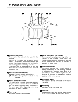 Page 13– 13 –
14a a 
 
Power Zoom Lens (option)
7Lens cable (12-pin)
This cable is to be connected to the LENS
connector.
8Focus ring
This ring is turned to focus the lens.
9Zoom ring
To adjust the screen size, set the power/manual
zoom selector switch to MANU,and turn this ring.
1Automatic iris control
This enables the automatic iris speed to be
adjusted.  
Removal of the rubber cap reveals the control
inside.  The speed is increasing by turning the
control clockwise but take care not to turn it too far
since...