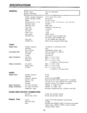 Page 38SPECIFICATIONS
GENERALPower supply:
120 V AC, 50Hz-60Hz
Power consumption:
49W
Ambient operating temperature:
41°F to 104°F (5°C to 40°C)
35% to 80%Ambient operating humidity:
Weight:
Dimensions (W × H × D):
Recording format:
Recording tracks:
Time code:
Digital audio:
Cue track:
Control (CTL):
Tape speed:
Recording time:
Tape used:
FF/REW time:
VIDEO
(Digital video)
(Line IN/line OUT)
(Input connectors)Sampling frequency:
Quantizing:
Error correction:
Video band:
Y/C delay:
K factor:
Line input:
SYNC...