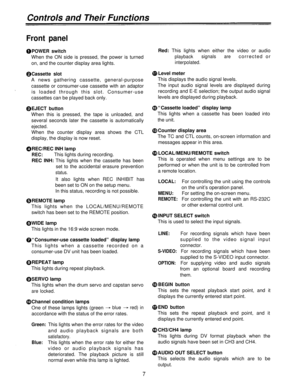 Page 7Controls and Their Functions
Front panel
POWER switch
When the ON side is pressed, the power is turned
on, and the counter display area lights.
Cassette slotLevel meter
A news gathering cassette, general-purposeThis displays the audio signal levels.
cassette or consumer-use cassette with an adaptorThe input audio signal levels are displayed during
is loaded through this slot. Consumer-userecording and E-E selection; the output audio signal
cassettes can be played back only.levels are displayed during...