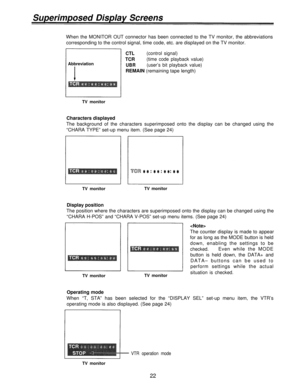 Page 22Superimposed Display Screens
When the MONITOR OUT connector has been connected to the TV monitor, the abbreviations
corresponding to the control signal, time code, etc. are displayed on the TV monitor.
Abbreviation
CTL(control signal)
TCR(time code playback value)
UBR(user’s bit playback value)
REMAIN (remaining tape length)
TV monitor
Characters displayed
The background of the characters superimposed onto the display can be changed using the
“CHARA TYPE” set-up menu item. (See page 24)
TV monitorTV...