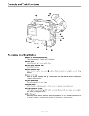 Page 11–11–
Accessory Mounting Section
iHook for mounting shoulder belt
Attach the accessory shoulder belt to this hook.
jLight shoe
Mount the video light, etc. onto this shoe.
kLens mount (bayonet type)
Mount the lens here.
lLens clamping lever
Insert the lens into the lens mount k, and turn the lens mount ring using this lever to clamp
the lens.
mLens mount cap
Press up the lens clamping lever l to remove this cap. Keep the cap in place if the lens is
not going to be mounted.
nLens cable clamp
This is for...