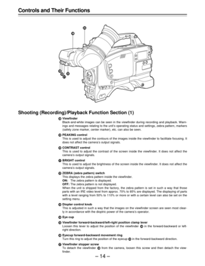 Page 14–14–
Controls and Their Functions
Shooting (Recording)/Playback Function Section (1)
 Viewfinder
Black-and-white images can be seen in the viewfinder during recording and playback. Warn-
ings and messages relating to the unit’s operating status and settings, zebra pattern, markers
(safety zone marker, center marker), etc. can also be seen.
¡PEAKING control
This is used to adjust the contours of the images inside the viewfinder to facilitate focusing. It
does not affect the camera’s output signals....