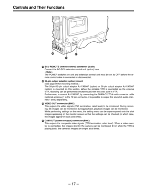 Page 17–17–
°ECU REMOTE (remote control) connector (6-pin)
Connect the AQ-EC1 extension control unit (option) here.
|Note{
The POWER switches on unit and extension control unit must be set to OFF before the re-
mote control cable is connected or disconnected.
±26-pin output adaptor (option) mount
(See page 90 for mounting method.)
The 26-pin/12-pin output adaptor AJ-YA900P (option) or 26-pin output adaptor AJ-YA700P
(option) is mounted on this section. When the portable VTR is connected as the external
VTR,...