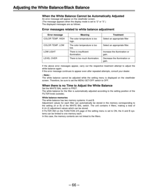 Page 66–66–
Adjusting the White Balance/Black Balance
When the White Balance Cannot be Automatically Adjusted
An error message will appear on the viewfinder screen.
(The message appears when the display mode is set to “2” or “3”.)
The displayed messages are as follows.
Error messages related to white balance adjustment
If the above error messages appear, carry out the respective treatment attempt to adjust the
white balance again.
If the error message continues to appear even after repeated attempts, consult...