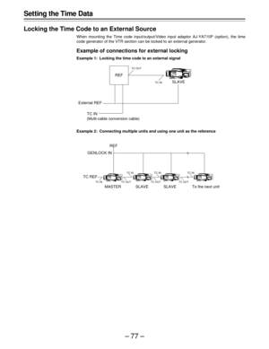 Page 77–77–
Setting the Time Data
Locking the Time Code to an External Source
When mounting the Time code input/output/Video input adaptor AJ-YA710P (option), the time
code generator of the VTR section can be locked to an external generator.
Example of connections for external locking
Example 1: Locking the time code to an external signal
Example 2: Connecting multiple units and using one unit as the referenceExternal REF
TC IN
(Multi-cable conversion cable)
MASTER SLAVE SLAVE To the next unit
TC OUT
TC IN...