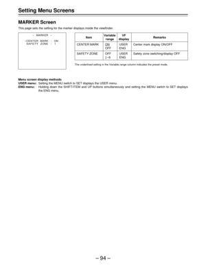 Page 94–94–
Setting Menu Screens
MARKER Screen
This page sets the setting for the marker displays inside the viewfinder.
Menu screen display methods
USER menu:Setting the MENU switch to SET displays the USER menu.
ENG menu:Holding down the SHIFT/ITEM and UP buttons simultaneously and setting the MENU switch to SET displays
the ENG menu.
The underlined setting in the Variable range column indicates the preset mode.
ItemVariable VF
Remarksrange display
CENTER MARK
ON USER Center mark display ON/OFF
OFF ENG
SAFETY...